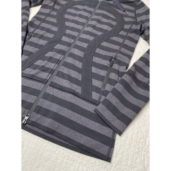 Lululemon Stride Jacket Women 6 Black Gray Striped Hoodie Thumbholes Full Zip - Picture 2 of 12